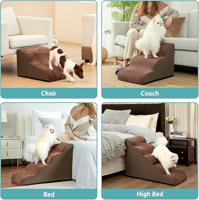 Dog Stairs for Small Dogs 15.7" H, Curved Dog Step for Puppy, Older Cat, Medium Pet Ramp for Sofa, Couch or Chair, Ladder with High Density Foam, 3 Step, 15.7x22.4x15.7 inch, Brown