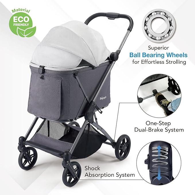ibiyaya Maxi Deep Carriage Pet Stroller for Cats and Small Dogs – Flat-Free Rubber Wheels, One-Hand Fold, Extra-Tall Cabin (Twin Gray)