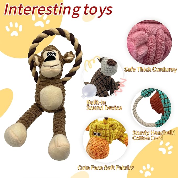 Plush Wrinkled Squeaky Dog Toy,2-Pack The Best Durable Teething Puppy Rope Chew Toy Keeps Them Busy Playing Hide-and-Seek Suitable for Puppy, Medium Dogs and Large Dogs (Yellow & Brown)