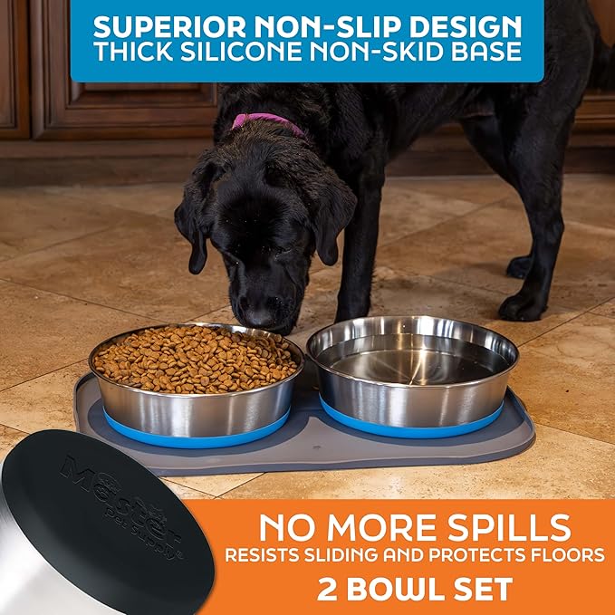 Master Pet Supply Stainless Steel Dog Bowls Set of 2 with Extra Thick Silicone Base - 16 Cup (128 oz) Black Velvet, Non-Slip, Dishwasher Safe Metal Bowls, Pet Dog Food Bowl for Dogs, Cats, Anti Rust