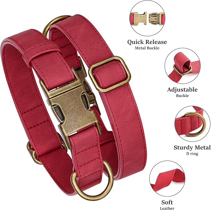 Didog Soft PU Leather Dog Collar, Stylish Quick Released Dog Collars for Small Dogs, Easy Clean Adjustable Pet Collar for Daily Walking, Red, S Fit 10-16" Neck