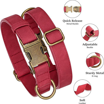 Didog Soft PU Leather Dog Collar, Stylish Quick Released Dog Collars for Small Dogs, Easy Clean Adjustable Pet Collar for Daily Walking, Red, S Fit 10-16" Neck