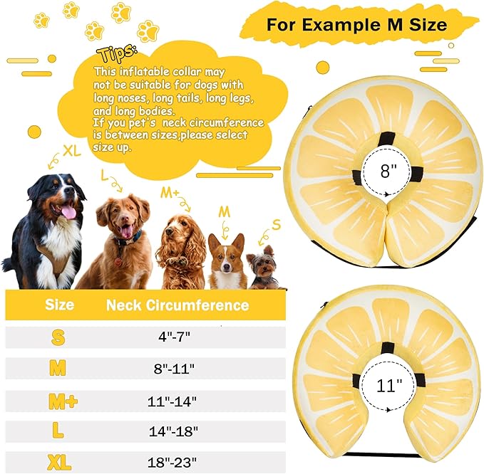 Inflatable Dog Cone Collar for Large Medium Small Dogs, Soft Adjustable Recovery Cone for Dogs Cats,Dog Neck Donut Alternative After Surgery(Lemon,Medium