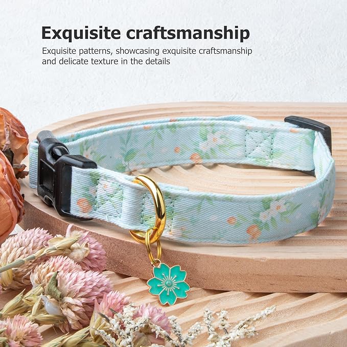 Cotton Handmade Dog Collar Cute and Distinctive Patterns Light Green Flower with Pendant for Girl Boy Dogs Collars L