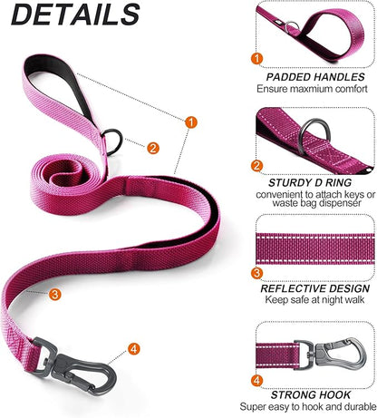 TwoEar 5FT 1IN Strong Rose Dog Leash with 2 Padded Handles, Traffic Handle Extra Control, Comfortable Soft Dual Handle, Auto Lock Hook, Reflective Walking Lead for Small Medium and Large Dogs