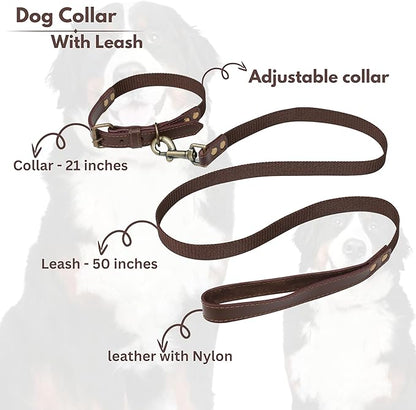 Heavy Duty Dog Collar and Leash Set for Large Dogs - Adjustable 21" Leather Nylon Collar with Durable 50" Leash, Metal Buckle & Handle - Training, Walking, Outdoor Pet Harness Combo for Big Breeds