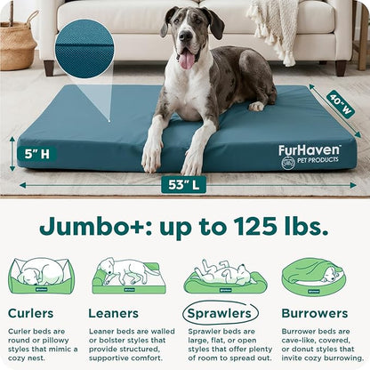 Furhaven Water-Resistant Orthopedic Dog Bed for Large Dogs w/ Removable Washable Cover, For Dogs Up to 125 lbs - Indoor/Outdoor Logo Print Oxford Polycanvas Mattress - Deep Lagoon, Jumbo Plus/XXL