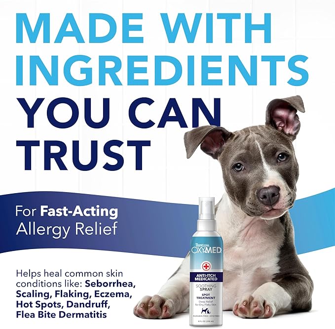 TropiClean OxyMed Hot Spot Treatment for Dogs, Medicated Dog Itching Skin Relief Spray, Anti-Itch Spray Quickly Soothes Skin Irriration, Alleviate Scratching, Chewing & Licking, Safe for Cats, 8oz