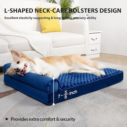 MIHIKK Orthopedic Dog Couch Bed Deluxe Plush L-Shaped with Waterproof Lining Bolster Dog Sleeping Sofa with Removable Washable Cover & Nonskid Bottom Pet Bed for Large Dogs, Blue