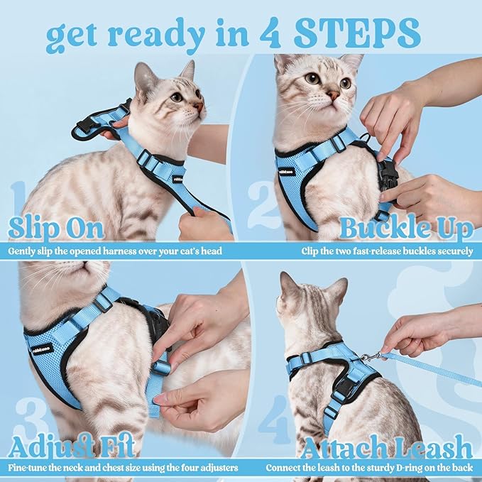 rabbitgoo Cat Harness and Leash for Walking, Escape Proof Soft Adjustable Vest Harnesses for Cats, Easy Control Breathable Reflective Strips Jacket, Light Blue, XXS