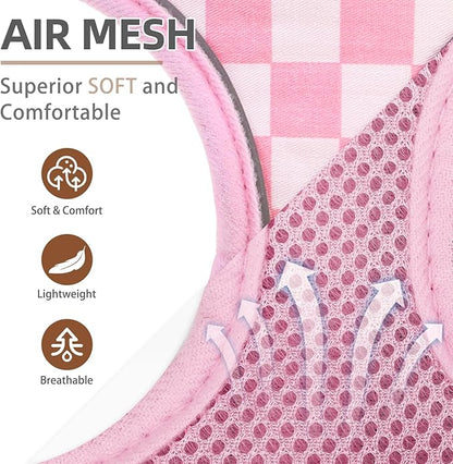PUPTECK Soft Mesh Dog Harness and Leash Set Pet Puppy Cat Comfort Padded Vest No Pull Harnesses, Checkered Pink&White, M