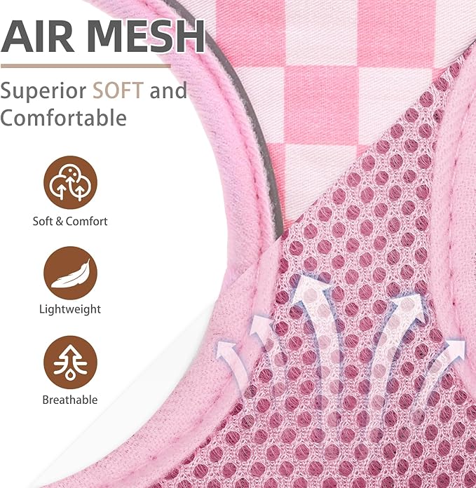 PUPTECK Soft Mesh Dog Harness and Leash Set Pet Puppy Cat Comfort Padded Vest No Pull Harnesses, Checkered Pink&White, L