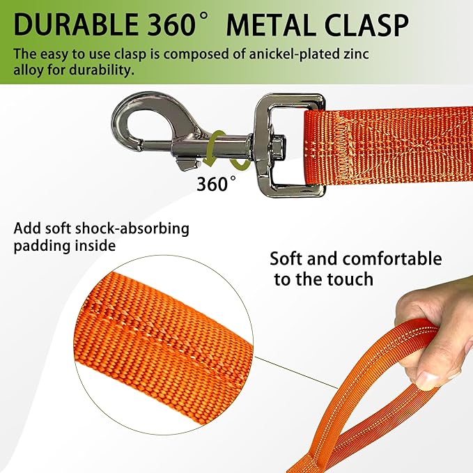 Reflective Heavy-Duty Dog Leash Adjustable 4–5 ft Shock-Absorbing Leash with Padded Handle & Traffic Handle, Equipped with 360° Tangle-Free Metal Clasp, Suitable for All Dog Sizes (Orange)