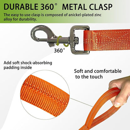 Reflective Heavy-Duty Dog Leash Adjustable 4–5 ft Shock-Absorbing Leash with Padded Handle & Traffic Handle, Equipped with 360° Tangle-Free Metal Clasp, Suitable for All Dog Sizes (Orange)