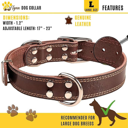 ADITYNA Heavy Duty Leather Dog Collar for Large Dogs - Soft and Strong Leather Collar for Walking, Training, Hunting, and Running (Large: Fit 17" - 23" Neck, Brown)