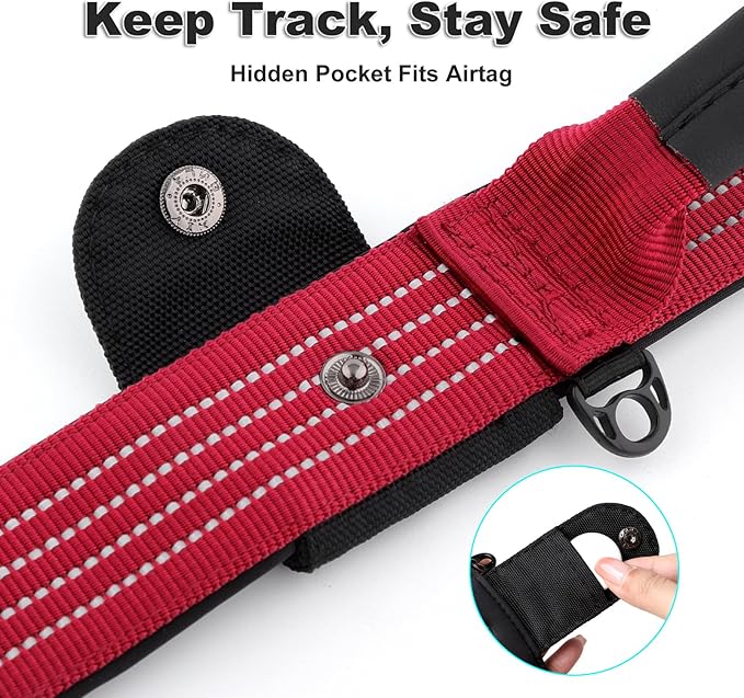 Plutus Pet Tactical Dog Collar with Tracker Pocket for AirTag, Adjustable Reflective Nylon Collar, Metal Buckle, Leather-Wrapped Handle, Soft Padded for Medium Large Dogs (Burgundy Red, L)