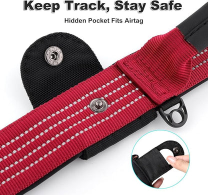 Plutus Pet Tactical Dog Collar with Tracker Pocket for AirTag, Adjustable Reflective Nylon Collar, Metal Buckle, Leather-Wrapped Handle, Soft Padded for Medium Large Dogs (Burgundy Red, L)