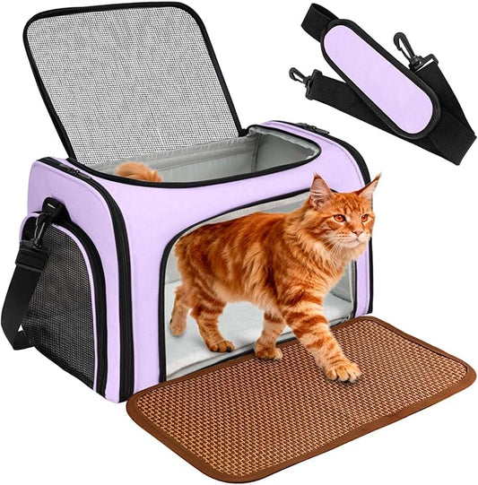 DSDCDJ Cat Carrier Dog Carrier - Soft-Sided Cat Carrier with Plush Pad & Cooling Mat, Easy-Load 4-Side Zipper & 3-Side Mesh Ventilation, Pet Carrier Airline Approved for Cats/Dogs Up to 20 lbs, Purple