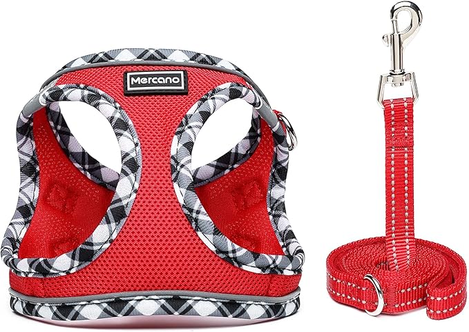Mercano Soft Mesh Dog Harness and Leash Set, No-Chock Step-in Reflective Breathable Lightweight Easy Walk Vest Harnesses with Safety Buckle for Small Dogs, Cats (Red, XS)