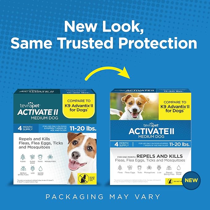 TevraPet Activate II Flea and Tick Prevention for Dogs | 4 Count | Medium Dogs 11-20 lbs | Topical Drops | 4 Months Flea Treatment