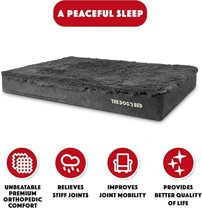 The Dog’s Bed Orthopedic Memory Foam Dog Bed, XXL Grey Fur, Pain Relief for Arthritis, Hip & Elbow Dysplasia, Post Surgery, Lameness Supportive, Calming, Waterproof Washable Cover, Veterinary Approved
