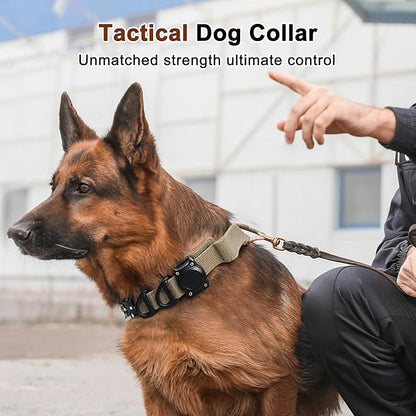 Dog Collar, Waterproof Tactical Dog Collar with Control Handle and Zinc Alloy Buckle, Pet Collar for AirTag, Medium Large Dogs, XLarge, Khaki (Includes Screwdriver Accessories)