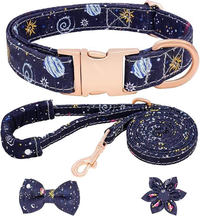 Dog Collar and Leash Set Adjustable Girls Puppy Floral Collars with Bow Tie for Small Medium Large Dogs(S, Blue Planet)