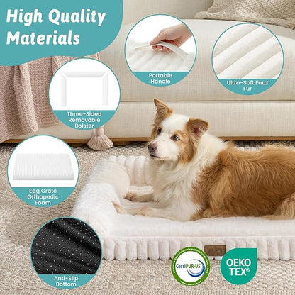 COZY KISS Cute Dog Bed for Extra Large Dogs, Faux Rabbit Fur Orthopedic Foam Dog Bed with Sides, Removable Washable Cover & Waterproof Lining, Comfortable Pet Couch, Cream (48" L x 35" W x 7.5" Th)