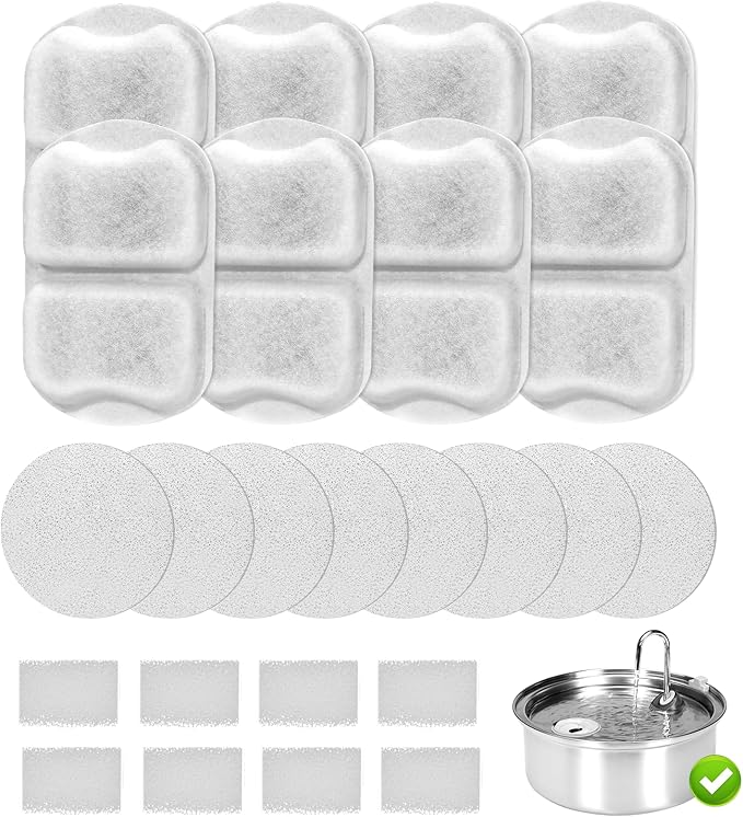 Tettie 8 pack Dog Water Fountain Filters Compatible with oneisall Fountain, Filters Replacement for 7L/230oz/1.8G Stainless Steel Dog Fountain