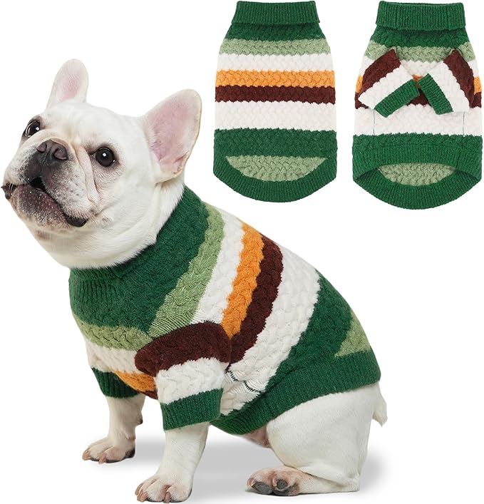 KAROKU Dog Sweater, Classic Turtleneck Knitted Striped Dog Sweaters, Warm Sweater for Winter, Soft Christmas Sweaters for Boy Girl, Dogs Clothes for Small/Medium Cats, Doggys (Green, Large)