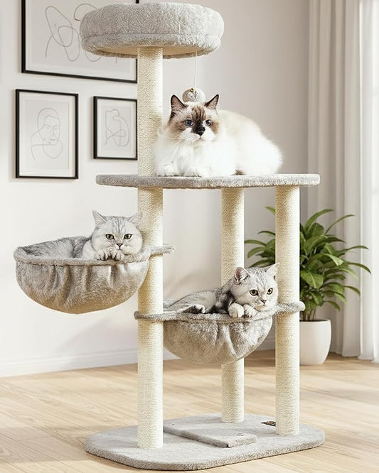 Small Cat Tree Tower with Scratching Post Condo Indoor - 42 Inch Cats Bed Hammock Perch for 2 Corner Cats Large Adult - Medium Short Compact Multi Level Cat House - Tall Climbing Gym Towers Furniture
