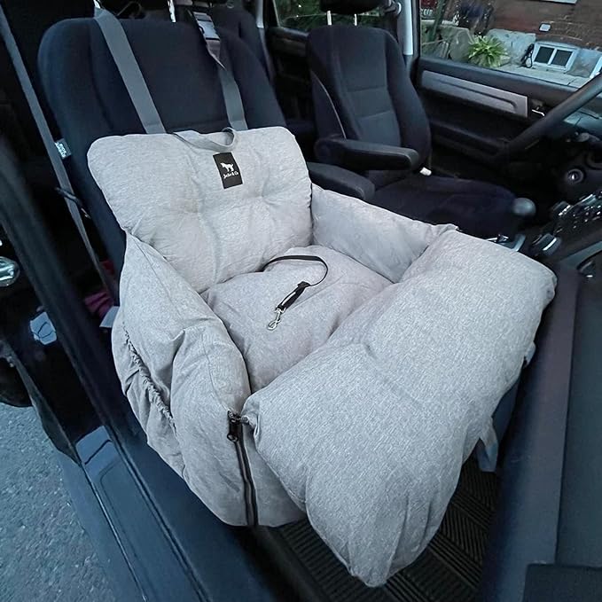 JACKO & CO Premium Dog Car Seat – Safe & Cozy Travel Bed and Carrier for Small Dogs, Puppies, Pets up to 25 lbs, Clip-On Leash & Storage Pockets, Water-Resistant, Machine Washable (Grey Small)