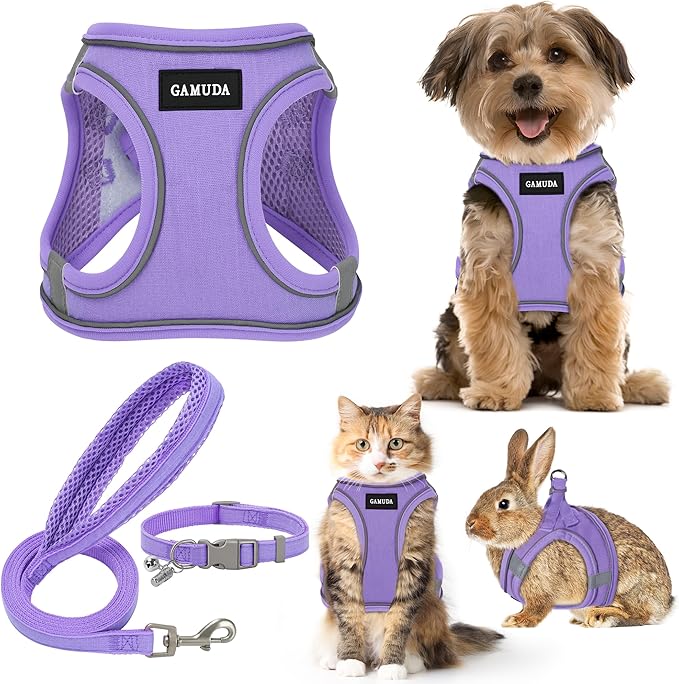 GAMUDA Small Pet Harness Collar and Leash Set, Step in No Chock No Pull Linen Fabric Soft Mesh Dog Vest Harnesses Reflective for Dogs Puppy Cats Kitten Rabbit (Purple, M)