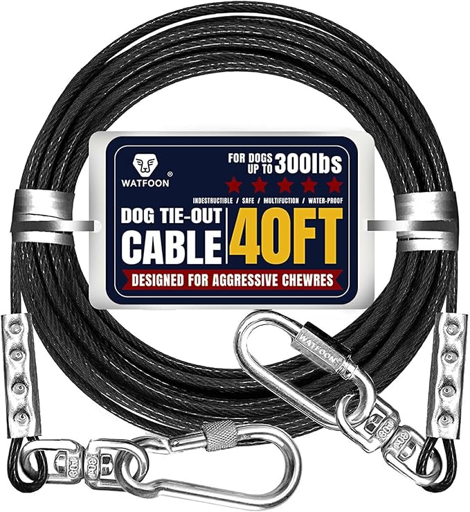 Tie Out Cable for Dogs Up to 300lbs,40ft Extra Strong 1000lbs Break Strength Tie-Out Tether Trolley Training Lead,Dog Run Cable for Yard Garden Park Camping Outside (Reflective Black, 300lbs 40ft)