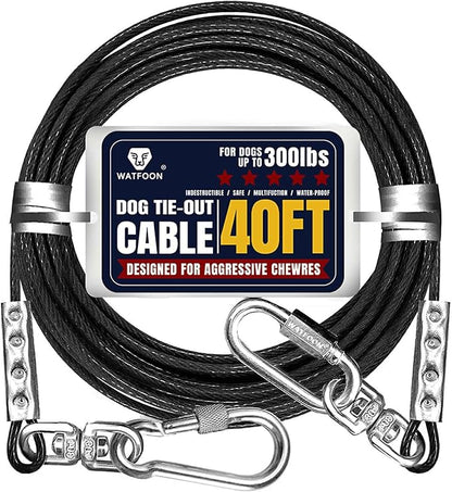Tie Out Cable for Dogs Up to 300lbs,40ft Extra Strong 1000lbs Break Strength Tie-Out Tether Trolley Training Lead,Dog Run Cable for Yard Garden Park Camping Outside (Reflective Black, 300lbs 40ft)