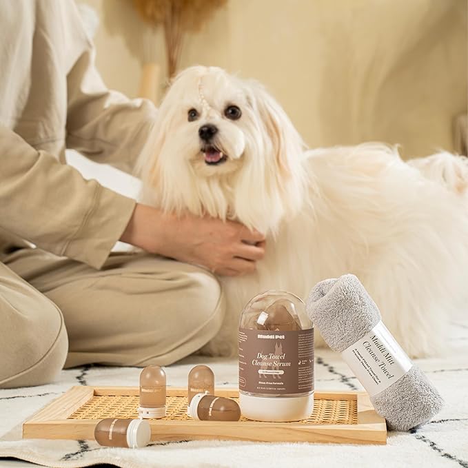 Dog Rinse-Free Shampoo & Conditioner – Dry Shampoo Towel Cleanse for Sensitive Skin, Stress & Itch Relief Gentle Leave-in Serum – 98.65% Naturally Derived, Hydrate & Deodorize – 8 x 10ml