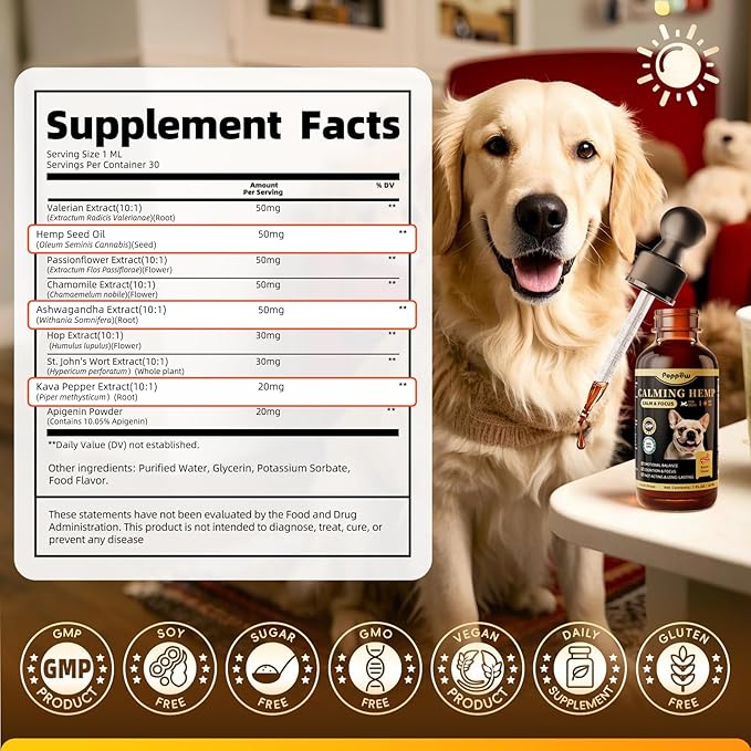 POPPAW Calming Drops for Dogs, Soothe Separation, Thunder & Fireworks Stress, Support Calmness, Focus & Cognitive Health, Promote Emotional Balance, for Dogs 12 Weeks+, Chicken Flavor, 1 FL.OZ