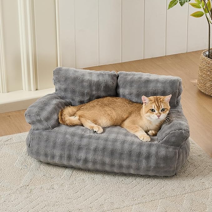 Yaning Cat Couch Bed, Cute Soft Pet Sofa for Indoor Cats Kittens Puppies with Removable Washable Cover, 26"x15", Grey