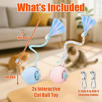 2-Pack Interactive Cat Ball Toys – Pink & Blue Combo – Automatic Rolling Balls with Long Tail & Feather, 3-Modes & USB Rechargeable for Indoor Cats