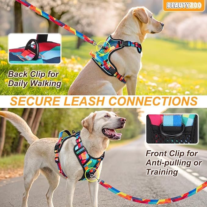 BEAUTYZOO No Pull Dog Harness Large, Adjustable Dog Harness and Leash Set -Easy Wearing with 3 Buckles/Control Handle,No Choke Soft Padded Reflective Pet Vest for Training Walking Hiking, XL