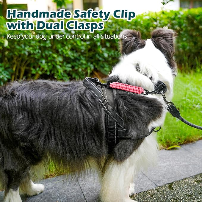 PetBonus Dog Collar Safety Clip, Handmade Backup Safety Strap for Dog Harness, Prong, Pinch Collar, Double Ended Clasp Leash Connector (Pink)