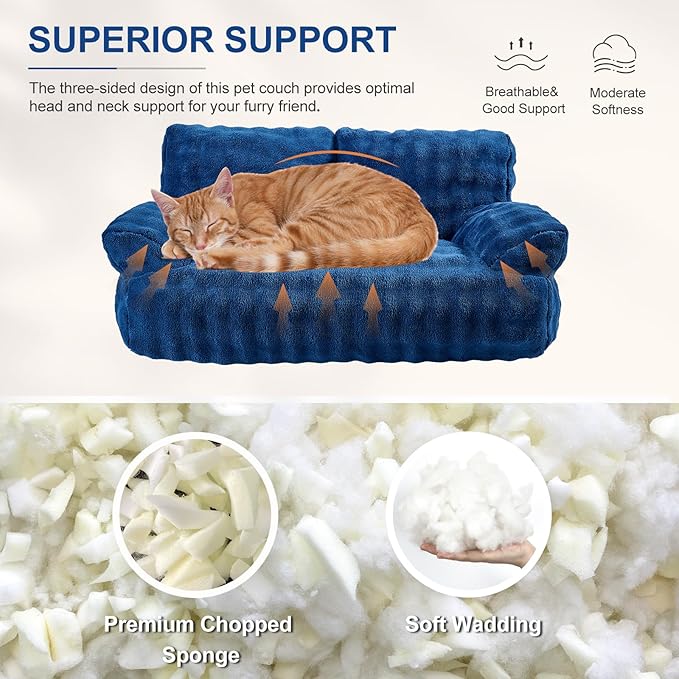 Yaning Cat Couch Bed, Cute Soft Pet Sofa for Indoor Cats Kittens Puppies with Removable Washable Cover, 26"x15", Navy Blue