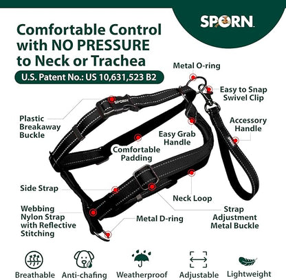 SPORN Ultimate Control No Pull Dog Harness for Small-Sized Dogs - 4-in-1 Adjustable Dog Harness with Front, Back & Dual-Clip Options & Emergency Grab Handle - Easy On/Off, Padded Comfort (Black, S)