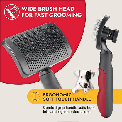KONG Large Self-Cleaning Slicker Brush – Easy Hair Removal, Reduces Shedding, Non-Slip Grip, Long Metal Pins, for Medium to Large Dogs with Medium to Long Coats, Red/Gray