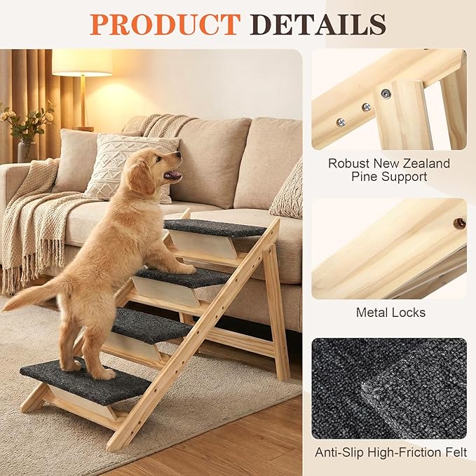 Dog Stairs/Steps, 2-in-1 Foldable Wooden Pet Stairs, Wood Frames and Non-Slip Carpet Suitable for High Beds, Car, Couch, Durable Wooden Dog Stairs for Small Medium and Large Dogs,4 Steps