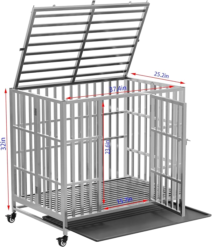 37" 42" 48" Heavy Duty Dog cage Stainless Steel Metal Kennel and Crate, Collapsible for Medium to Large Dogs, Easy to Assemble pet Pen with Four Lockable Wheels, Black Tray(37in)