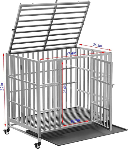 37" 42" 48" Heavy Duty Dog cage Stainless Steel Metal Kennel and Crate, Collapsible for Medium to Large Dogs, Easy to Assemble pet Pen with Four Lockable Wheels, Black Tray(37in)