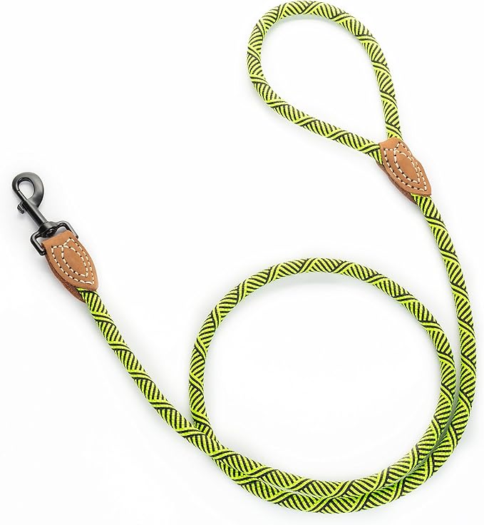 Mile High Life | Mountain Climbing Dog Rope Leash with Heavy Duty Metal Sturdy Clasp | Genuine Leather Tailored Connection with Strong Stitches (Lime Green, 48 Inch (Pack of 1))