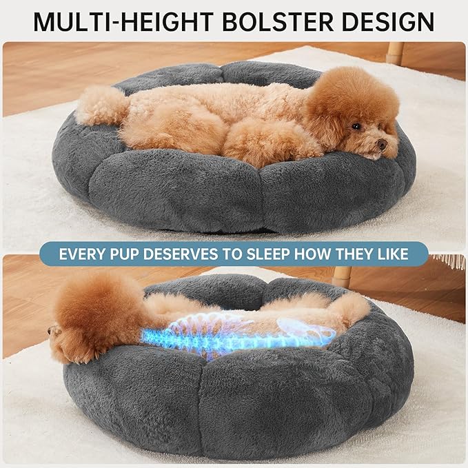 OhGeni 24 inches Calming Donut Dog & Cat Bed for Small Pets, Warming Comfort Fluffy Short Pile Fur, Durable Machine Washable, Cute Round Bed for Puppy and Kitten, Dark Gray
