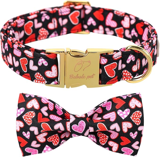Valentines Dog Collar with Bow Tie,Colorful Love Heart Valentine Dog Collars with Safety Metal Buckle Adjustable Puppy Collars for Small Medium Large Boy & Girl Dogs XL